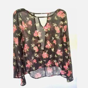 Women's Blouse Sz S Black w/ Floral Long Sleeve Hi-Lo Blouse Sheer Chic Happens